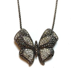 Sterling Silver Marcasite Butterfly Necklace With Crystal Accents
